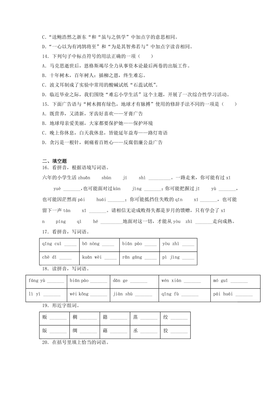 2022-2023学年第二学期语文六年级小升初基础知识达标练习卷（二）（含答案解析）.docx_第3页