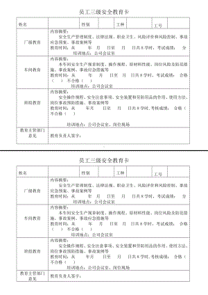 员工三级安全教育卡（新员工每人一份）参考模板范本.doc