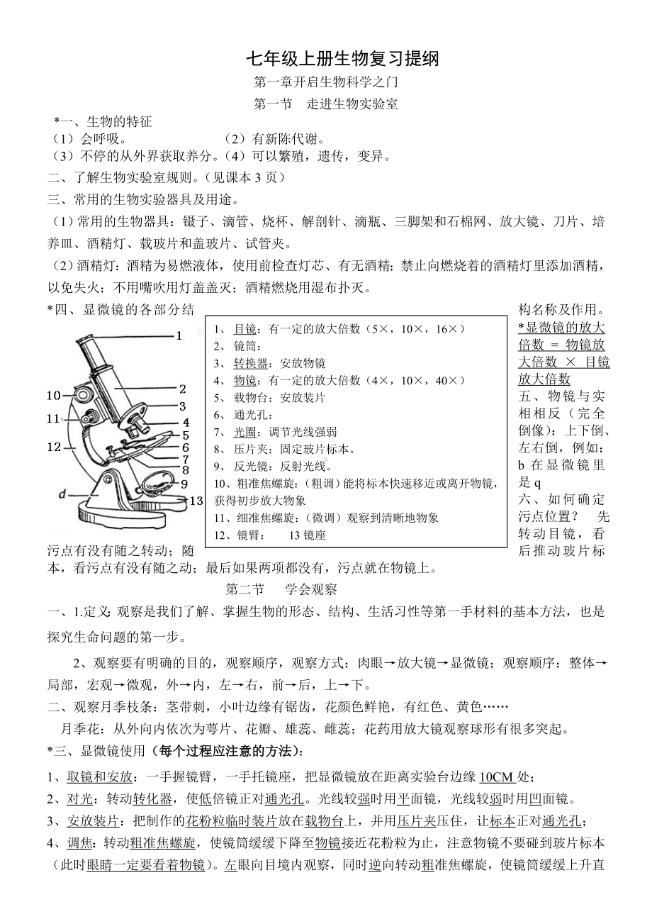 （最新推荐）冀教版七年级上册生物复习提纲.doc_第1页