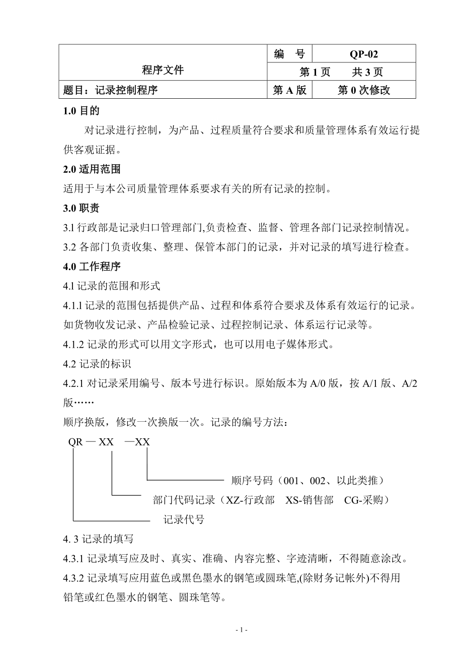 质量管理体系记录控制程序参考模板范本.doc_第1页