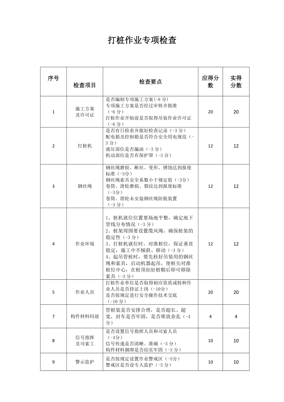 桩基施工专项检查表参考模板范本.docx_第1页