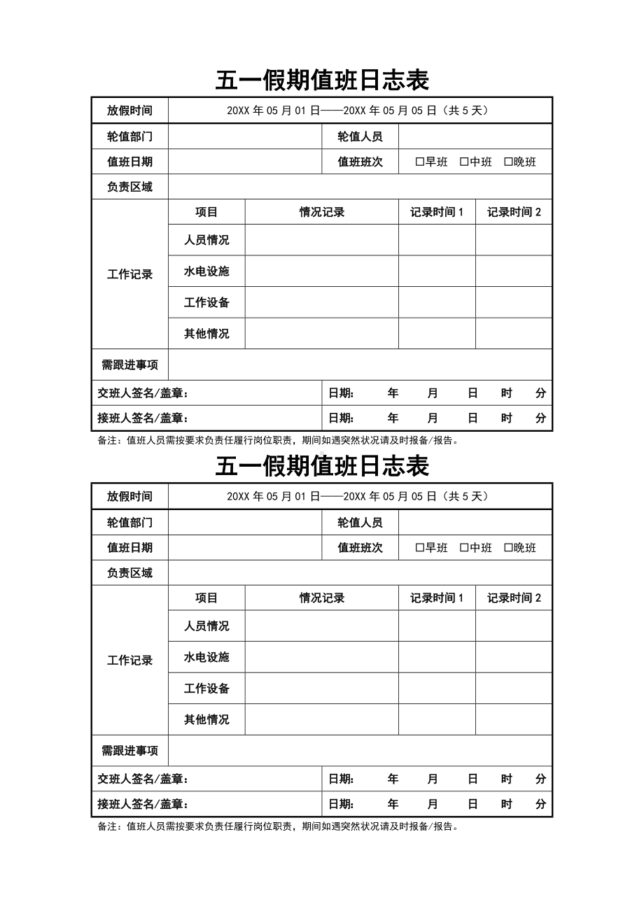 五一节假日期间值班日志表参考模板范本.docx_第1页