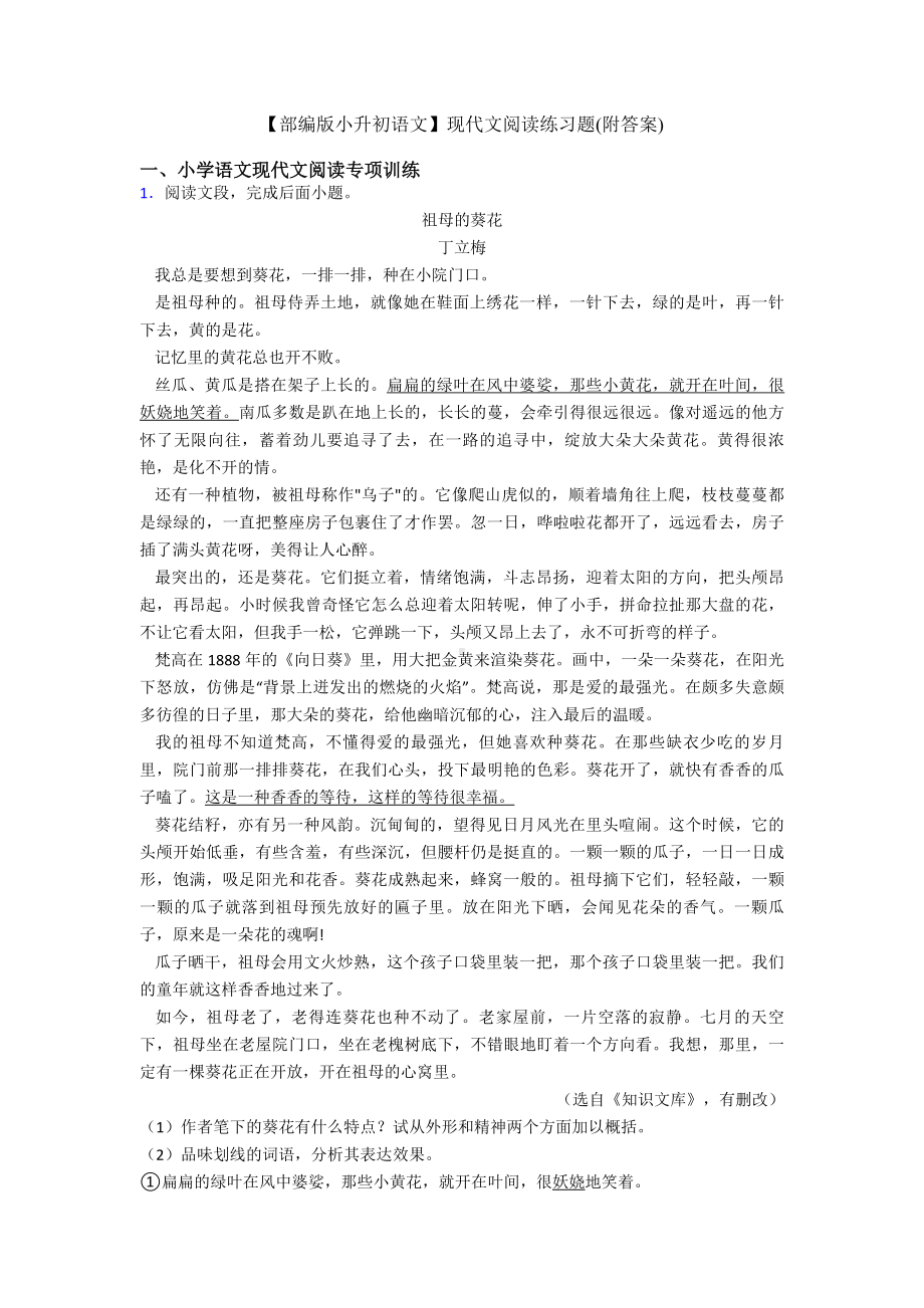 （部编版小升初语文）现代文阅读练习题(附答案).doc_第1页