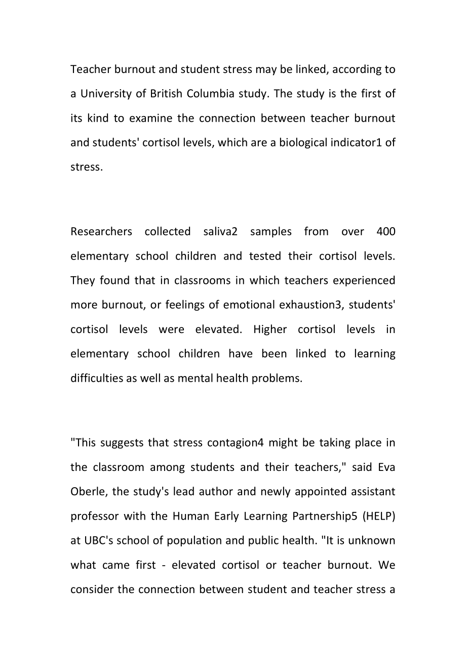 （英语科普）教师职业倦怠可能与学生压力有关.docx_第1页