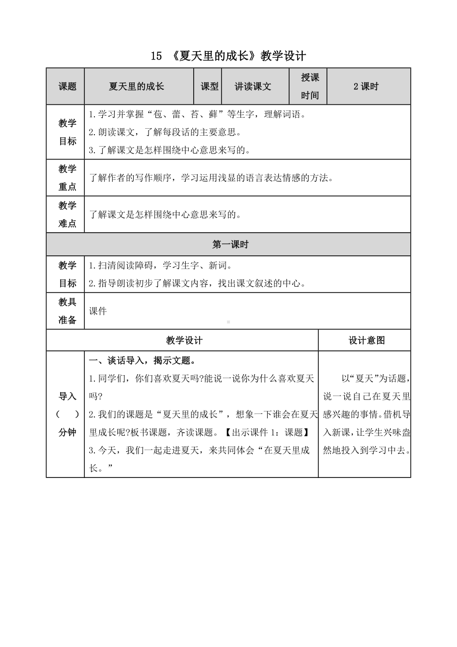 （部编版）统编教材六年级上册语文第15课《夏日里的成长》精品教案(表格式).docx_第1页