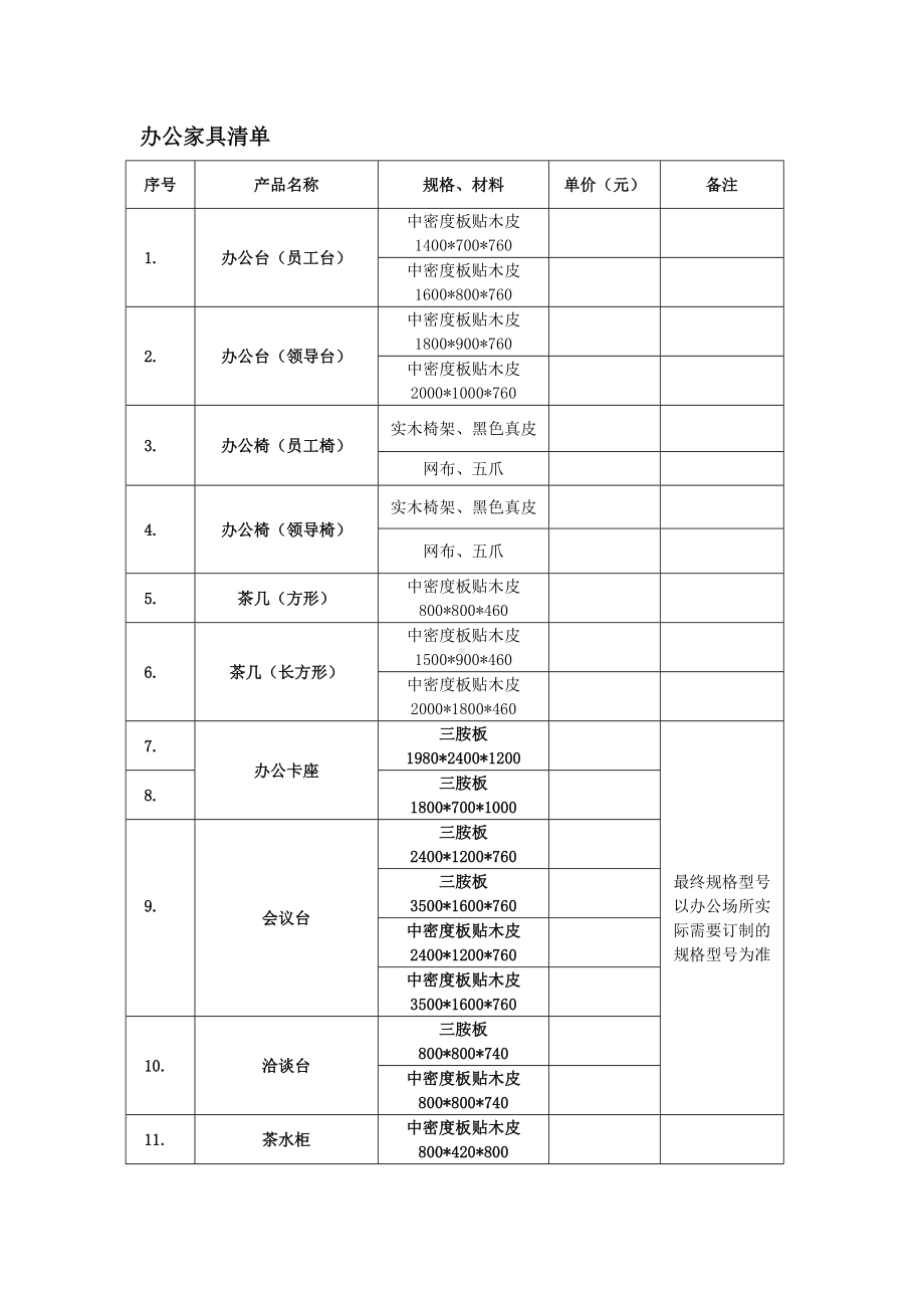 办公家具清单参考模板范本.docx_第1页