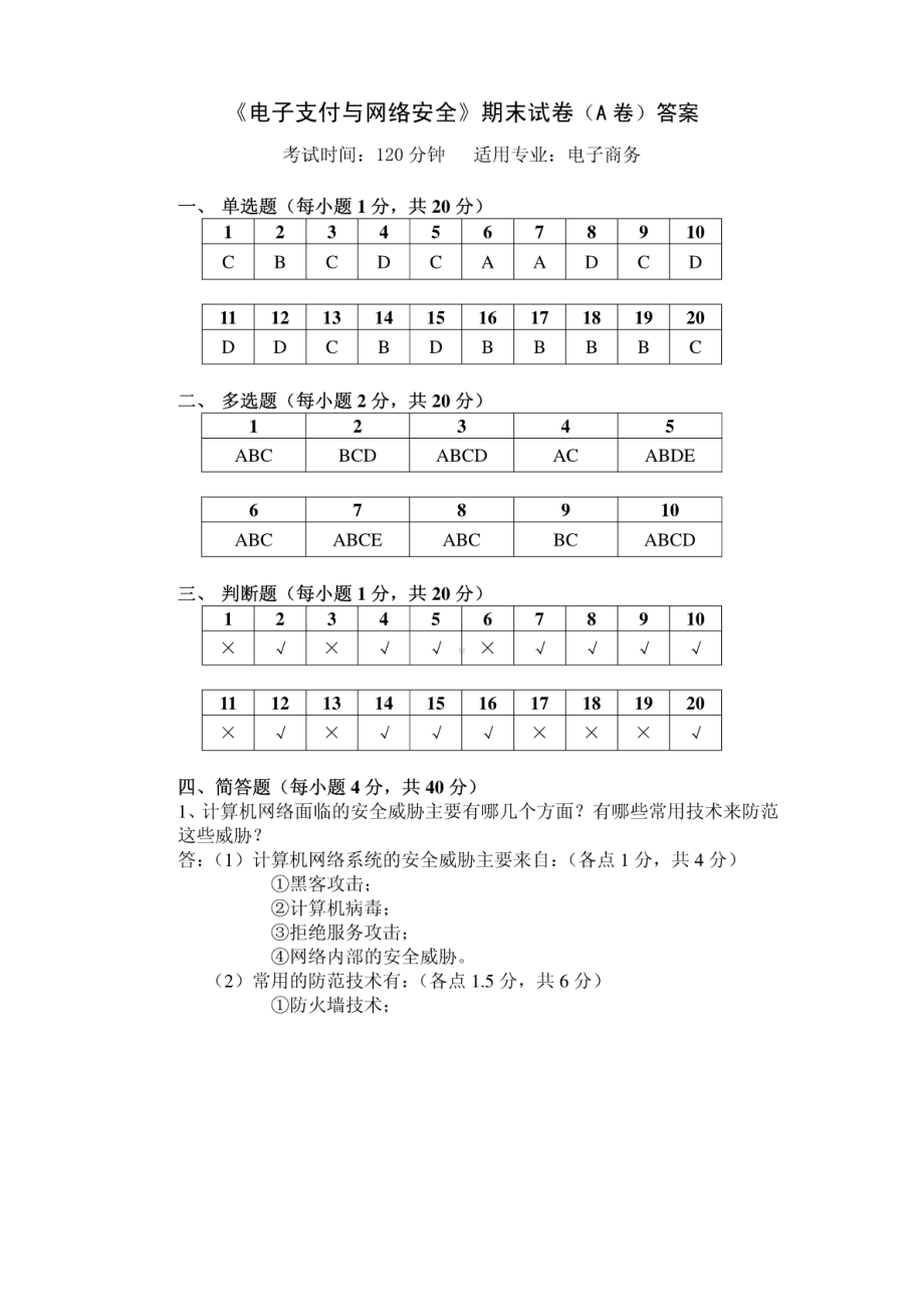 电子支付与网络安全试卷答案A卷和B卷参考答案.pdf_第1页