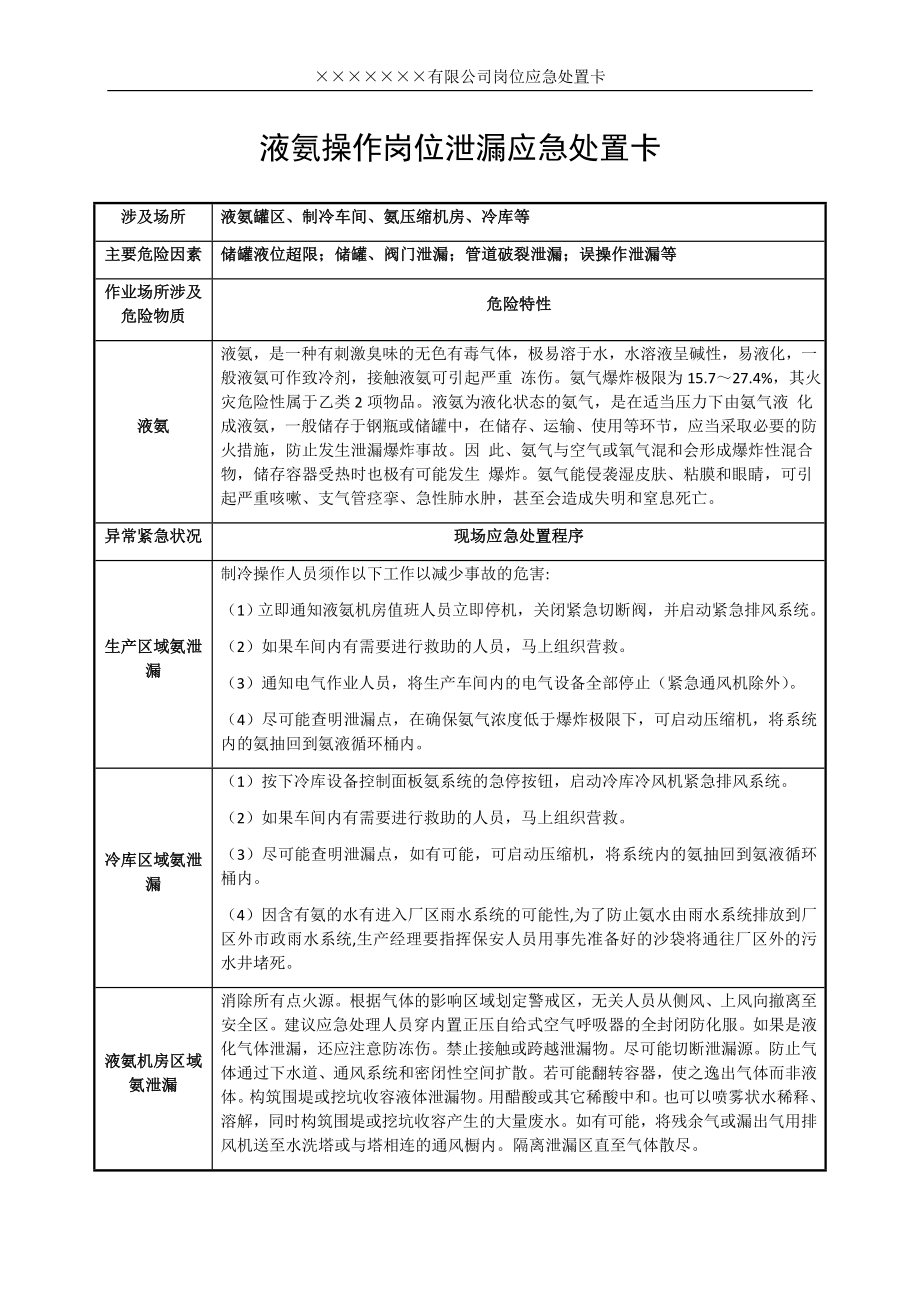 （处置卡模板）安全生产应急处置卡模板（液氨操作）参考模板范本.docx_第1页