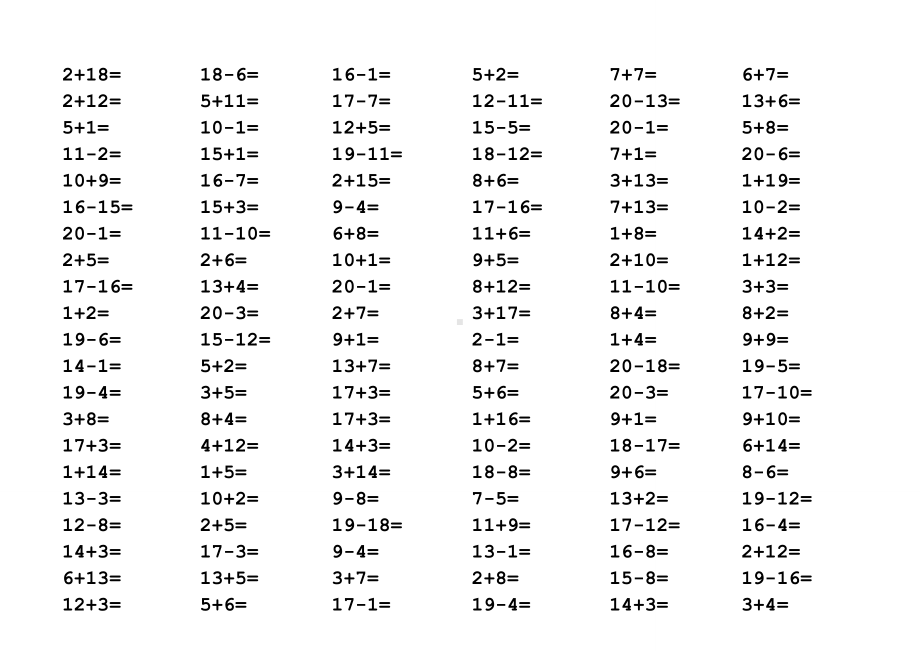 一年级20以内加减法口算题(1000道)-自制数学口算作业.doc_第1页