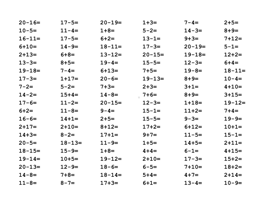 一年级20以内加减法口算题(1000道)-自制数学口算作业.doc_第3页