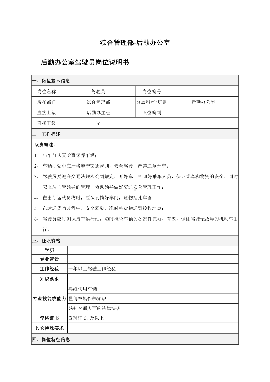 后勤办公室驾驶员岗位说明书参考模板范本.docx_第1页