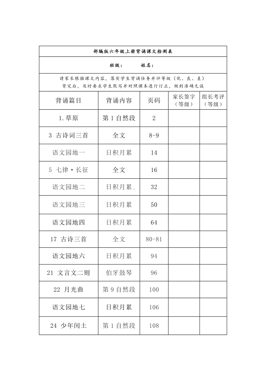 部编版语文六年级上册背诵课文检测表及内容.docx_第1页