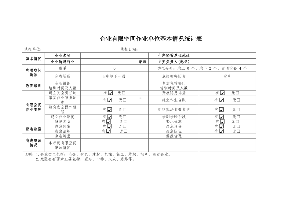 企业有限空间作业单位基本情况统计表参考模板范本.docx_第1页