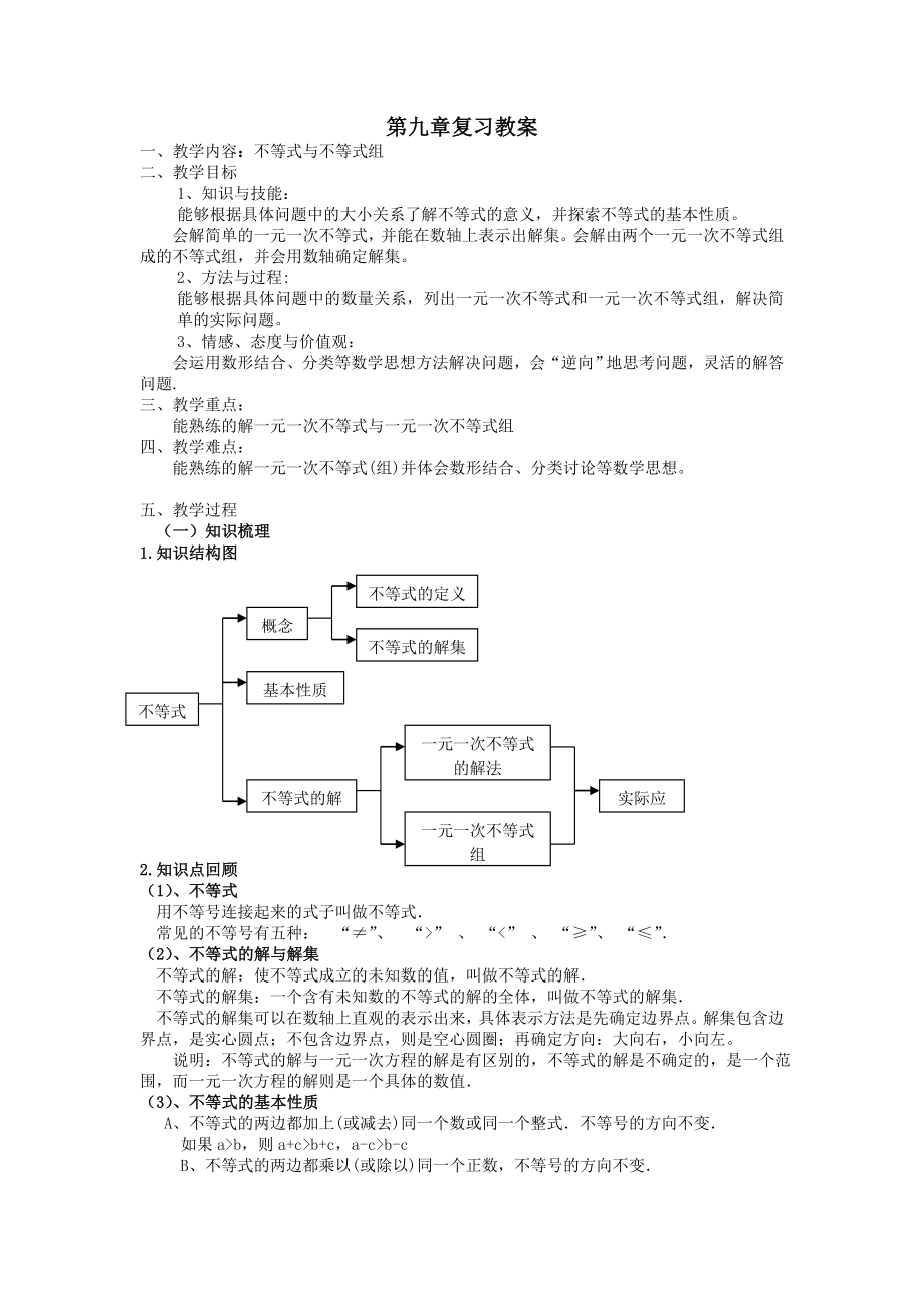 七年级数学下册第九章不等式与不等式组小结与复习教案新人教版.doc_第1页