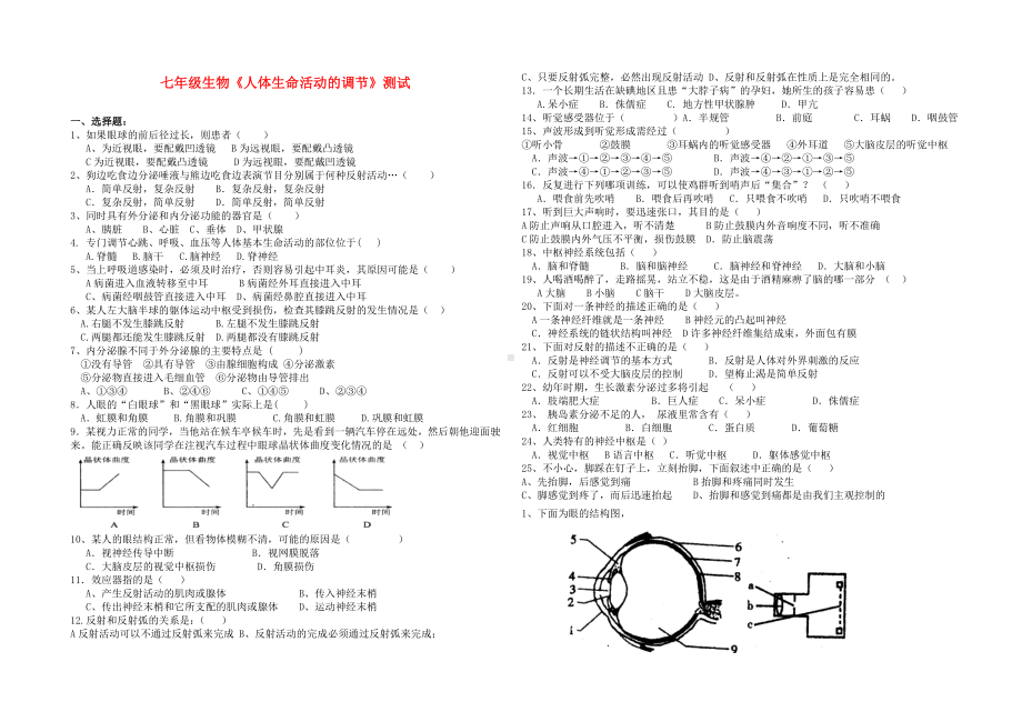 七年级下册生物第六章试卷-人体生命活动的调节测试题-新人教版.doc_第1页