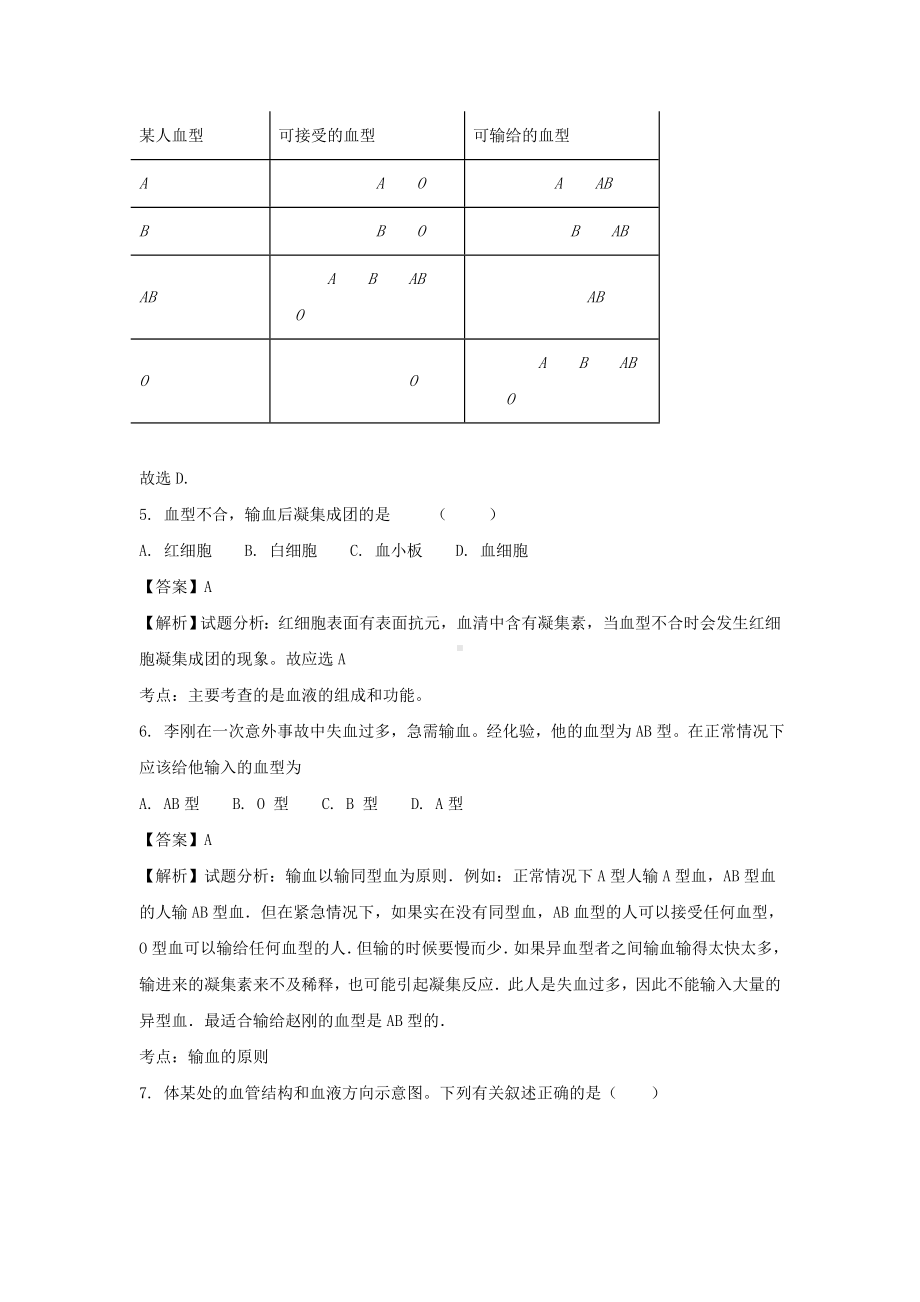 七年级生物下册第四单元第4章人体内物质运输单元综合测试题(含解析)(新版)新人教版.doc_第3页