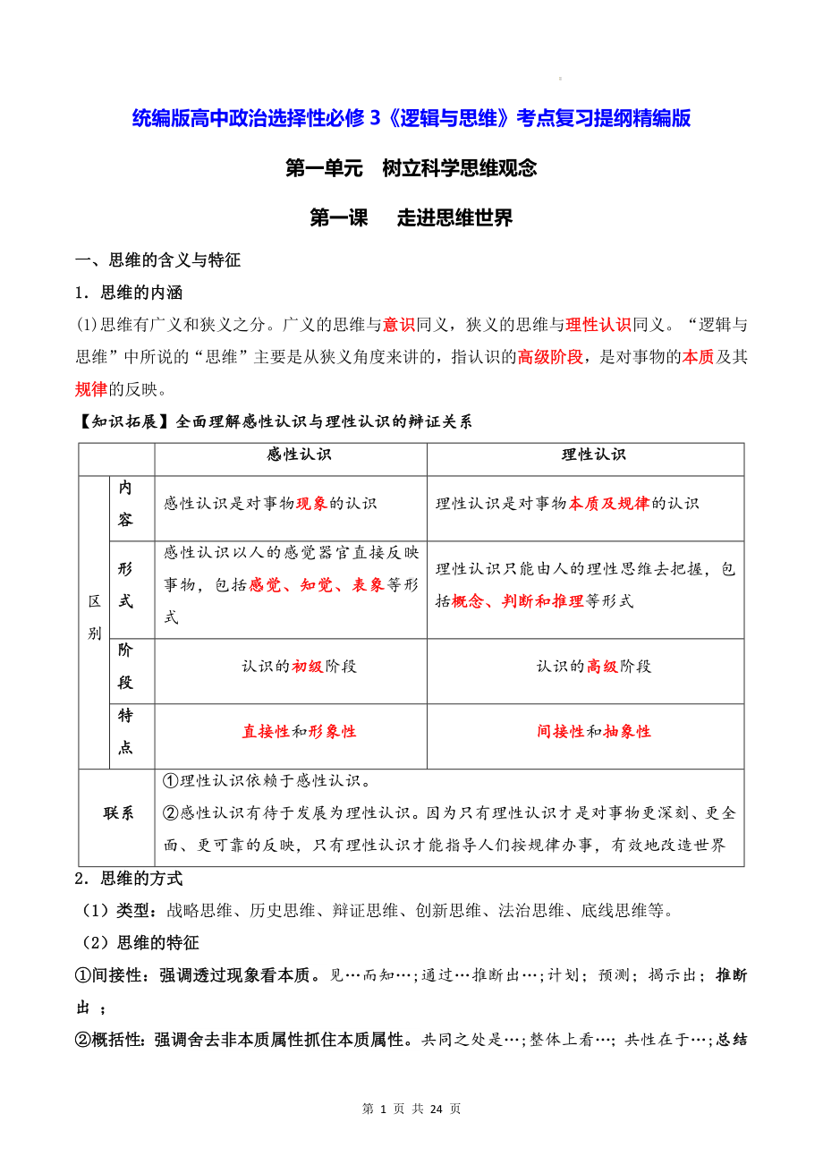 统编版高中政治选择性必修3《逻辑与思维》考点复习提纲精编版（实用必备！）.docx_第1页