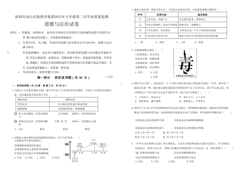 广东深圳南山区南实集团2023届九年级中考二模道德与法治试卷+答案.pdf_第1页