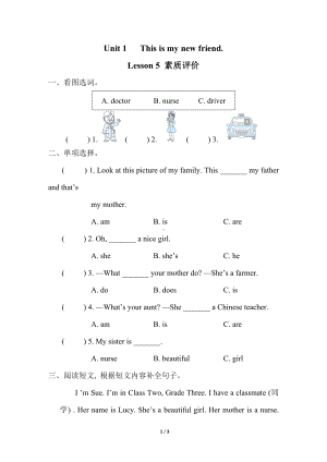 Unit 1 This is my new friendLesson 5 素质评价（同步练习）人教精通版英语四年级上册.doc