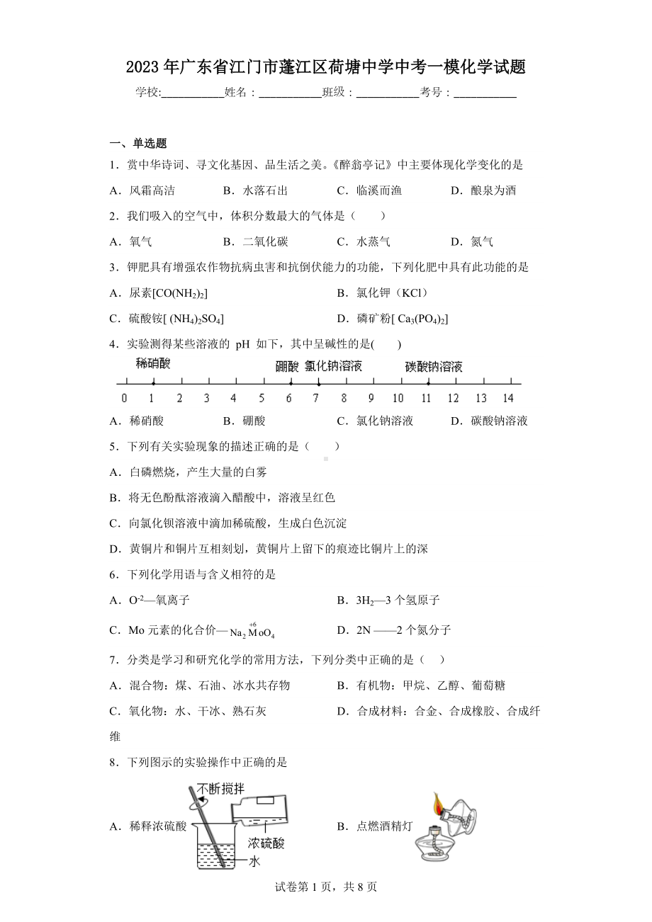 2023年广东省江门市蓬江区荷塘中学中考一模化学试题.docx_第1页