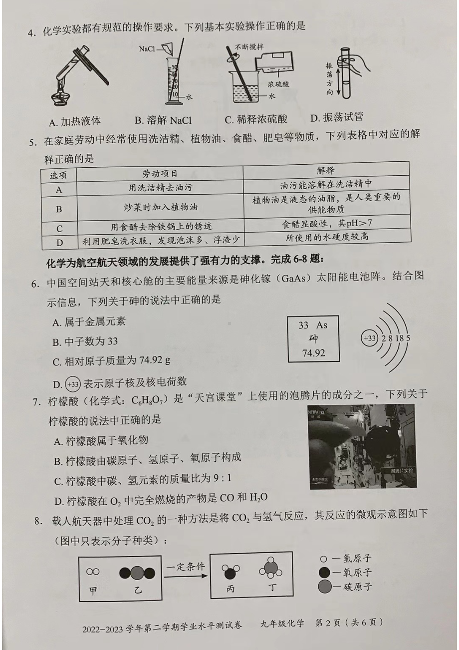 广东深圳龙华区2023届九年级中考二模化学试卷+答案.pdf_第2页