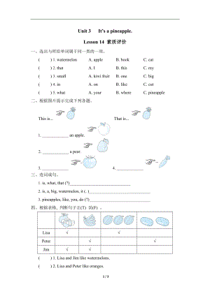 Unit 3 It’s a pineappleLesson 14 素质评价.doc