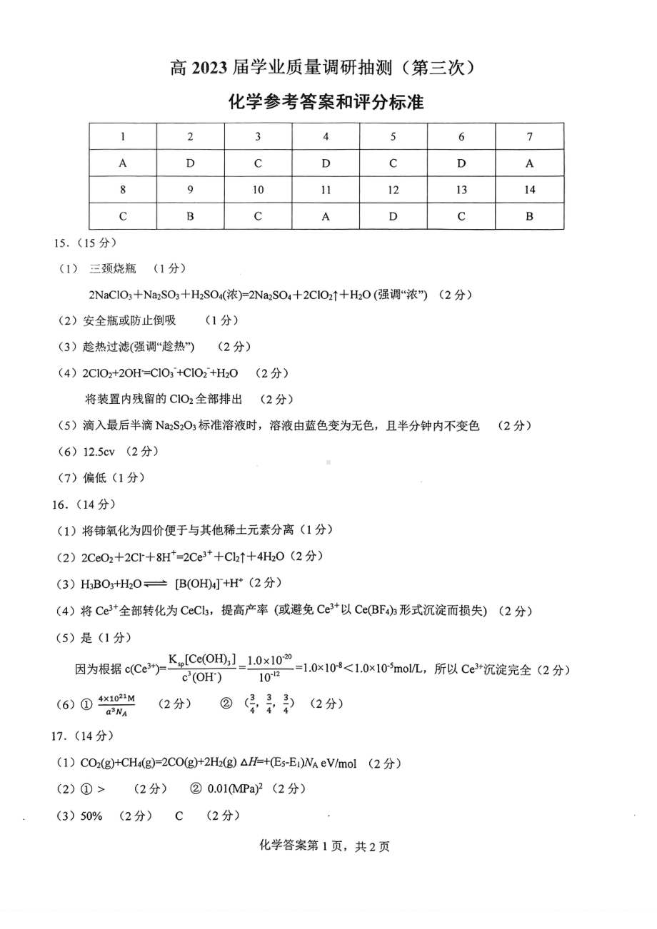 重庆主城三诊高2023届学业质量调研抽测（第三次）化学参考答案.pdf_第1页