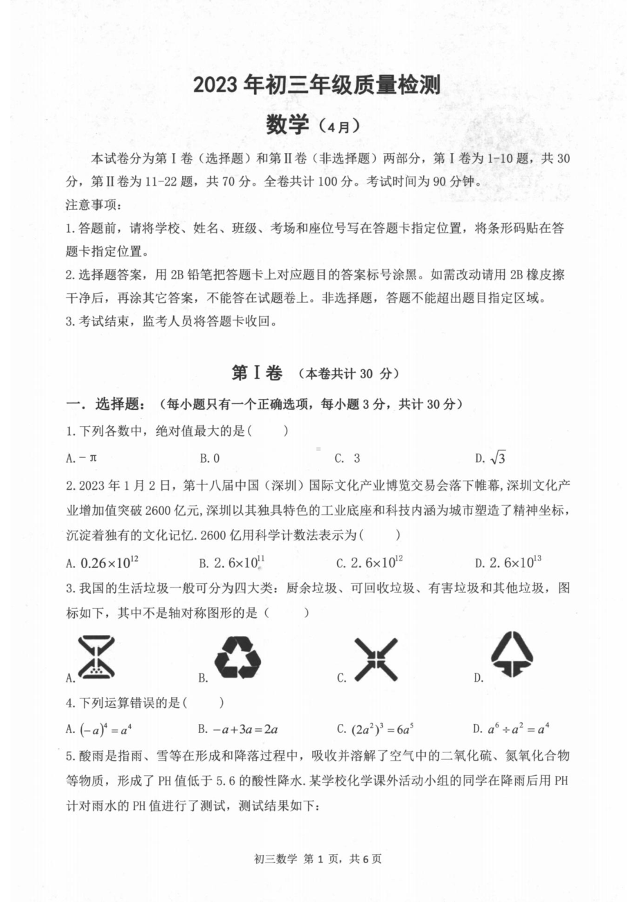 2022-2023深圳市30校联考九年级中考二模数学试卷+答案.pdf_第1页