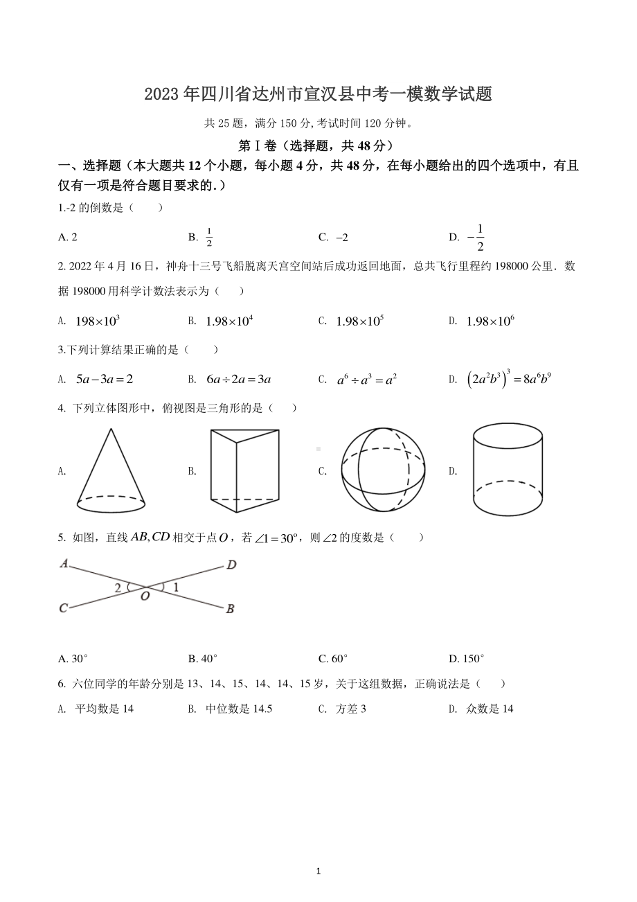 2023年四川省达州市宣汉县中考一模数学试题.pdf_第1页