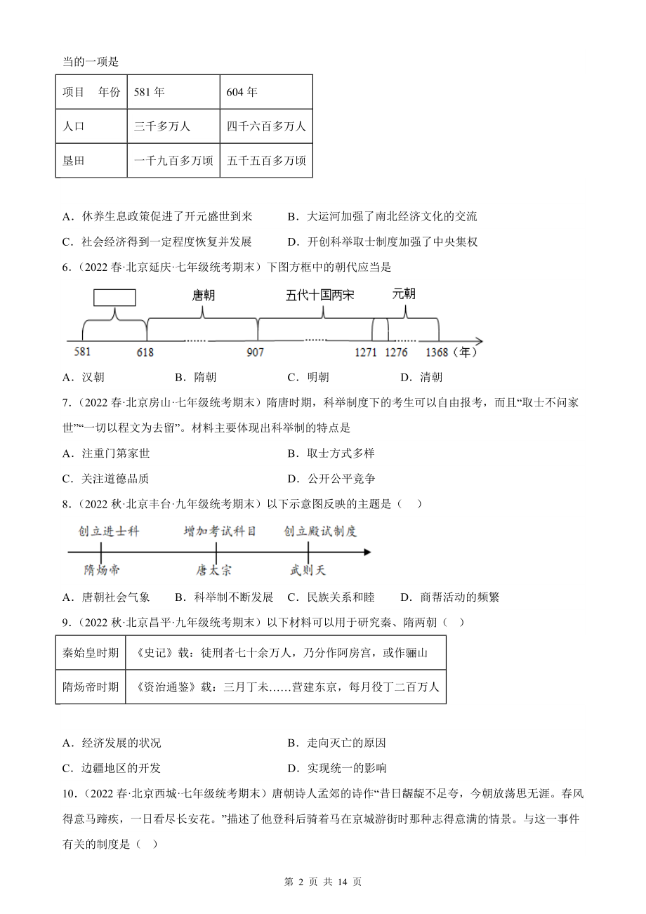 七年级下册历史期末复习：第一单元 隋唐时期：繁荣与开放的时代 试题选编（Word版含答案）.docx_第2页