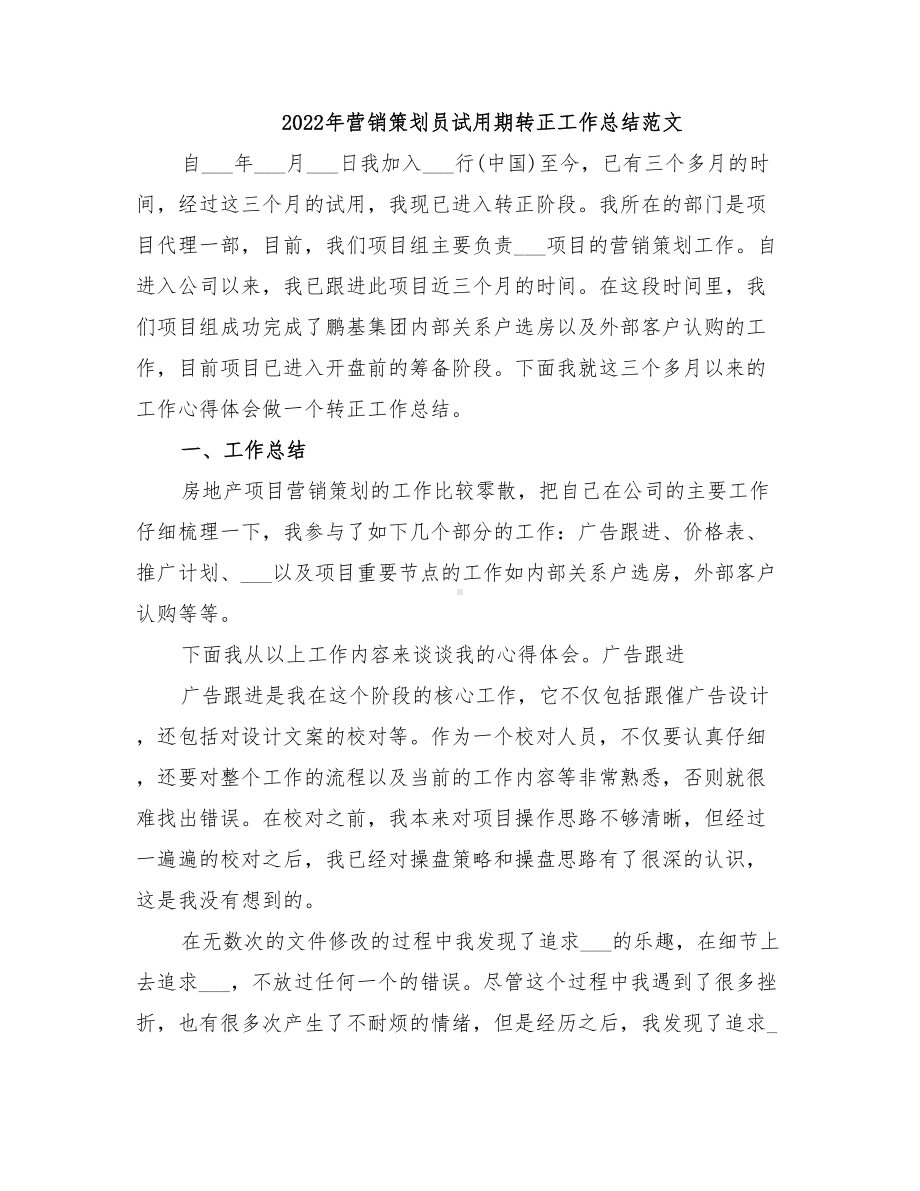 2022年营销策划员试用期转正工作总结范文(DOC 11页).doc_第1页