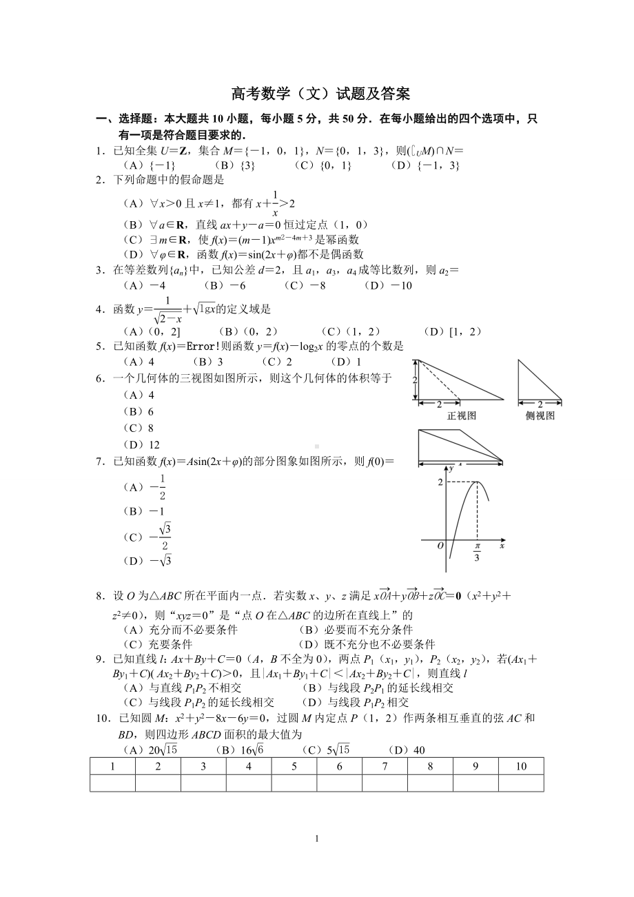 高考数学（文科）试题及答案参考模板范本.doc_第1页