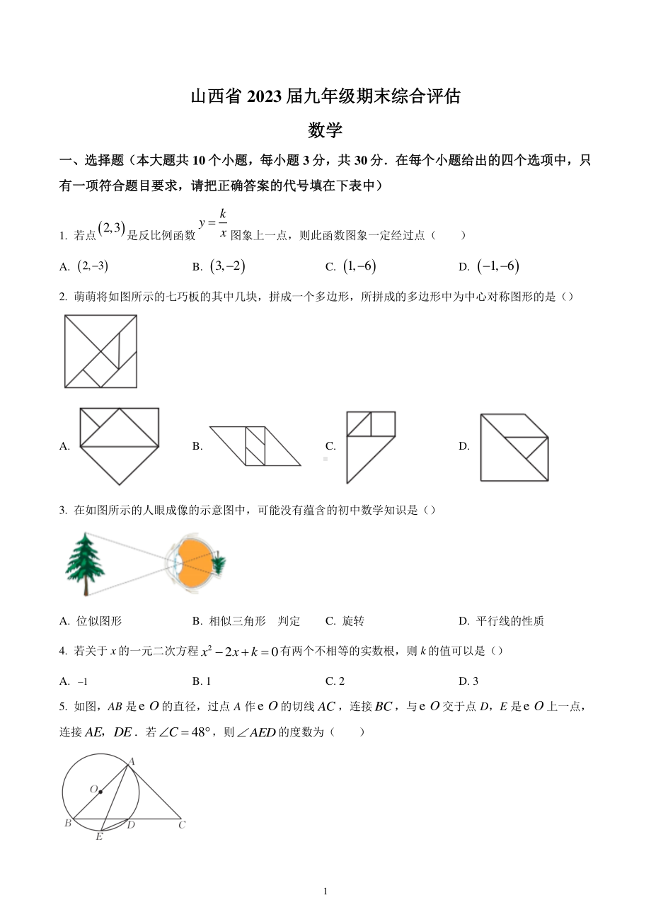 山西省忻州市代县2022-2023学年九年级上学期期末综合评估数学试题.pdf_第1页