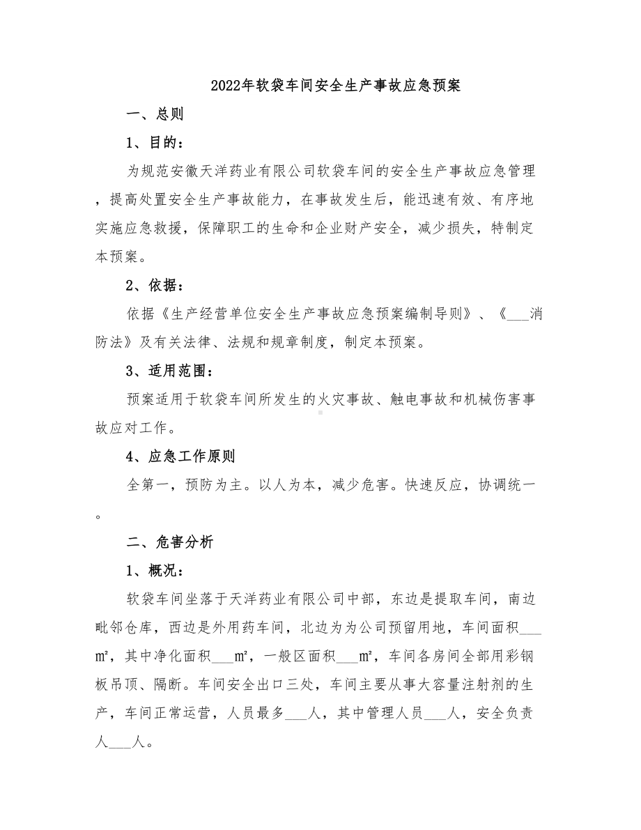 2022年软袋车间安全生产事故应急预案(DOC 21页).doc_第1页