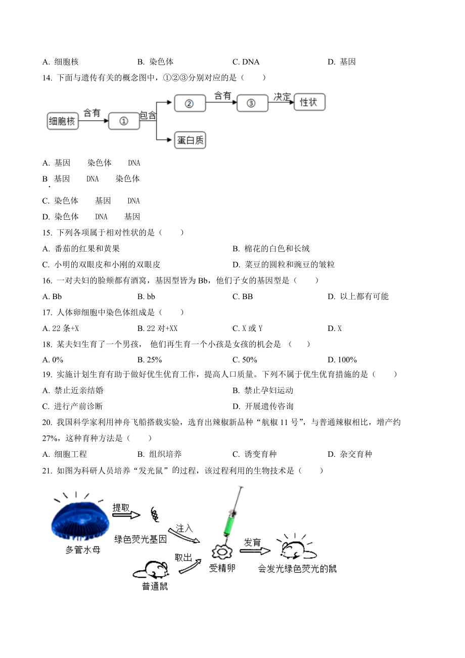 江苏省南京市联合体2021-2022八年级初二下学期生物期中试卷样题+答案.docx_第2页