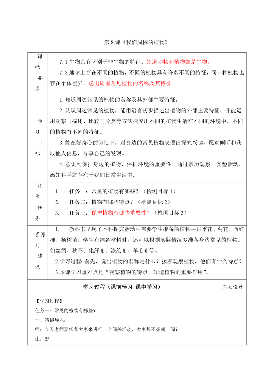 科学青岛版一年级下册（2017年新编）8 我们周围的植物 教案.docx_第1页