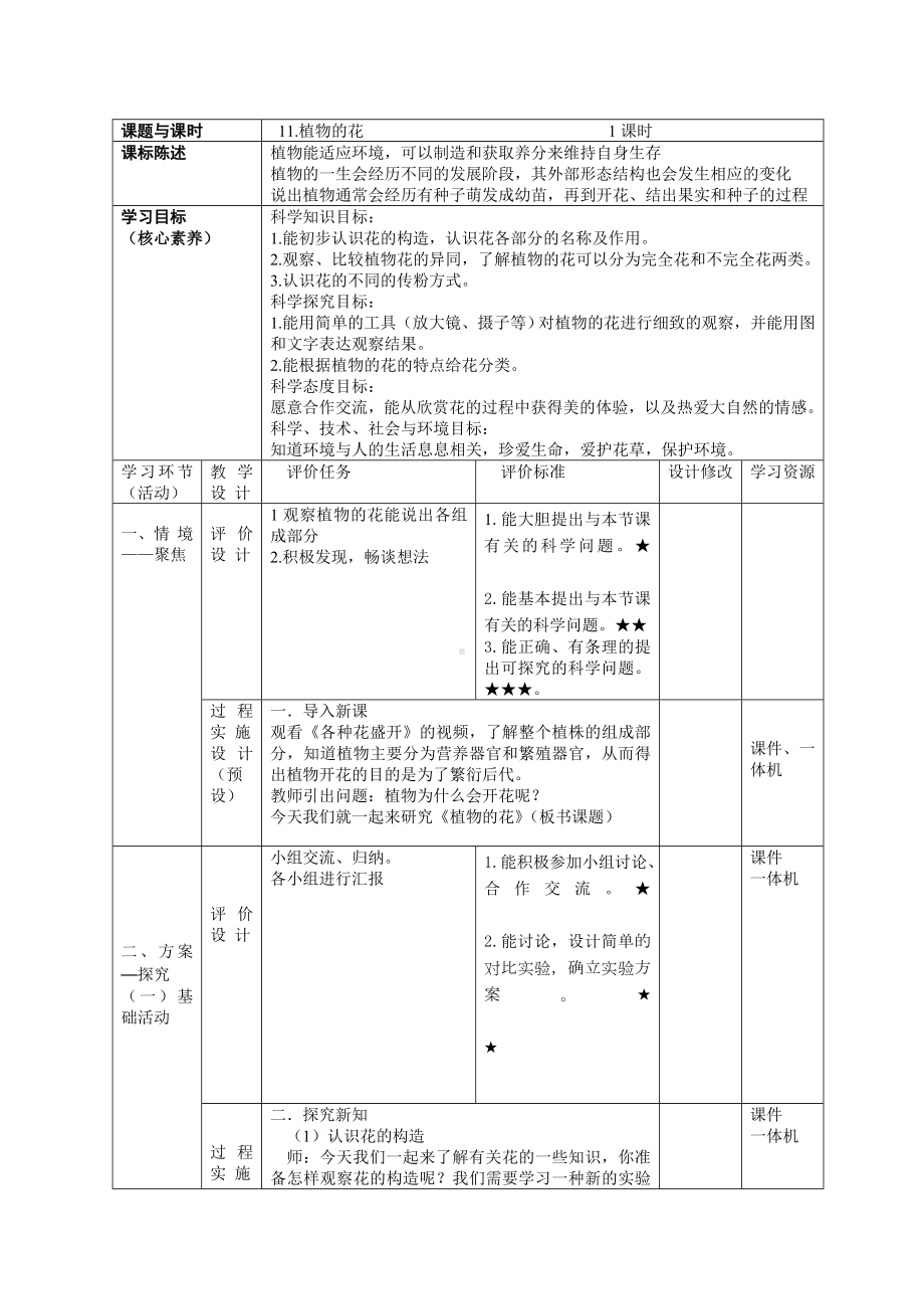 科学青岛版三年级下册（2019年新编）11 植物的花 教案.docx_第1页