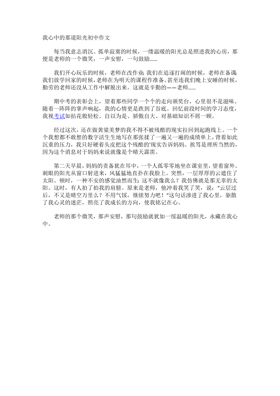 我心中的那道阳光初中作文.docx_第1页