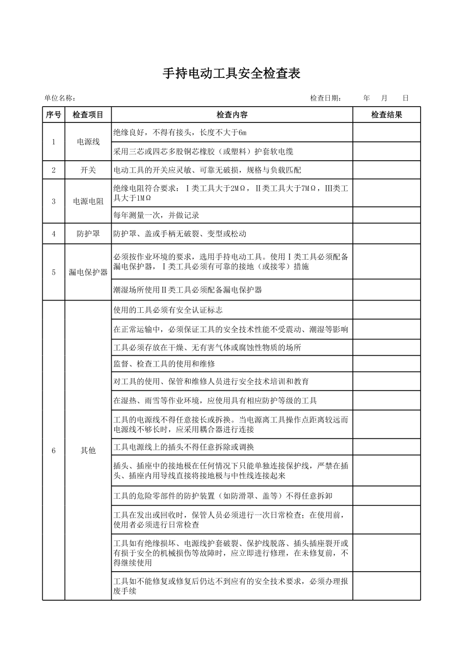 31手持电动工具安全检查表参考模板范本.xls_第1页