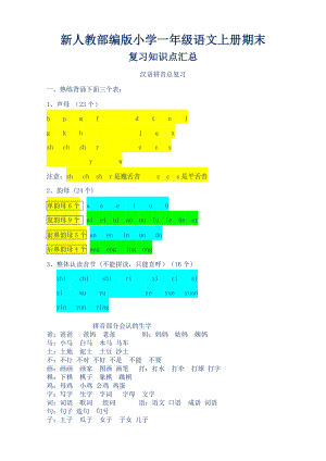 新人教部编版小学一年级语文上册期末复习知识点汇总.doc