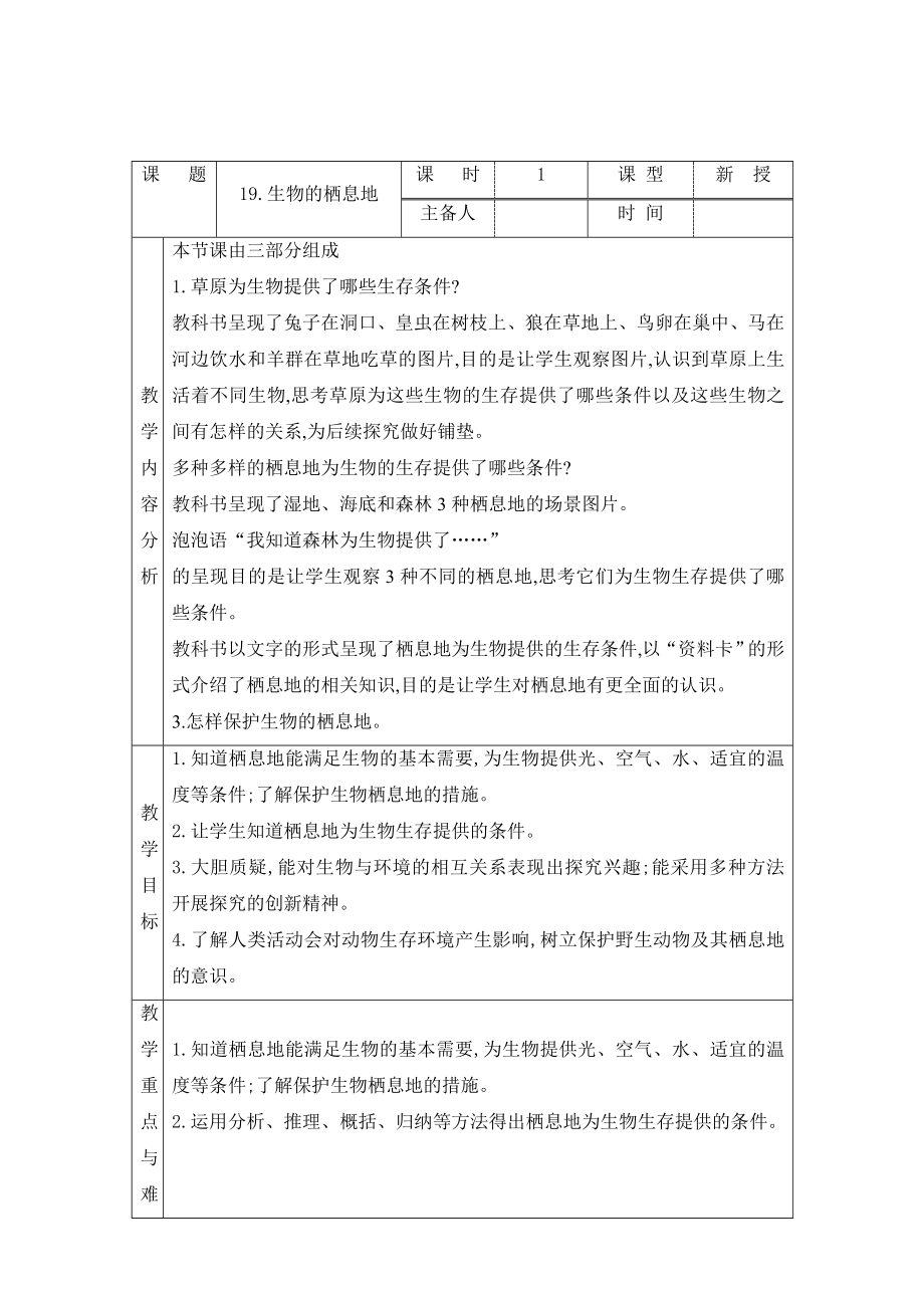 科学青岛版五年级下册（2022年新编）19 生物的栖息地 教案.docx_第1页