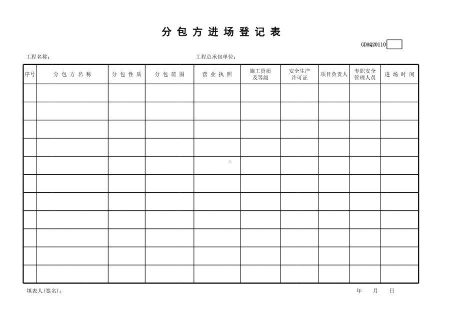 分包方进场登记表参考模板范本.xls_第1页