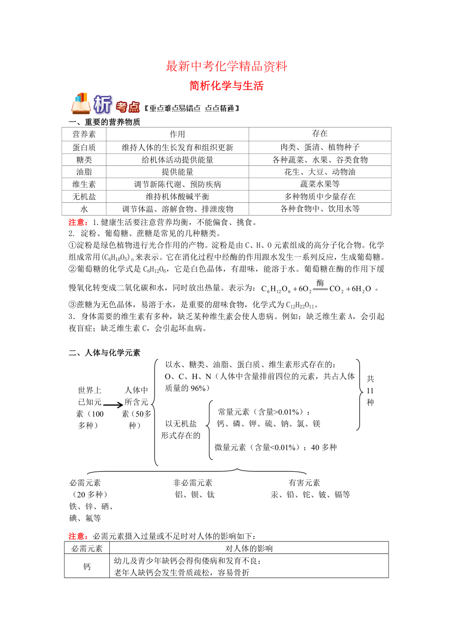 最新中考化学重难点易错点讲练：简析化学与生活(含解析).doc_第1页