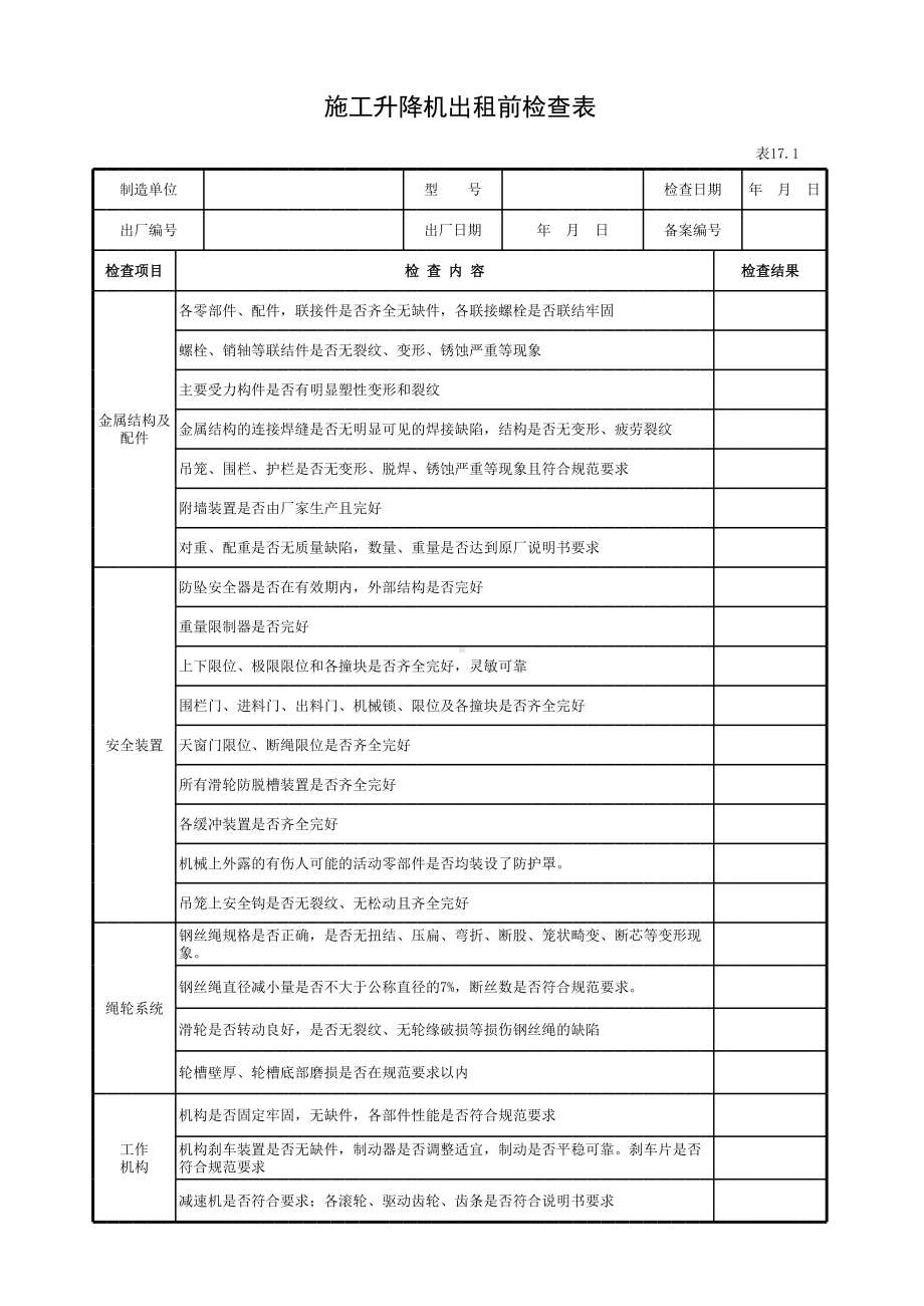 施工升降机出租前检查表参考模板范本.xls_第1页