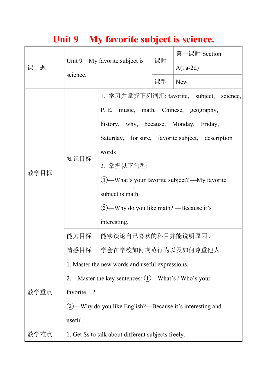 最新人教版七年级上册英语同步单元教案Unit-9.doc_第1页