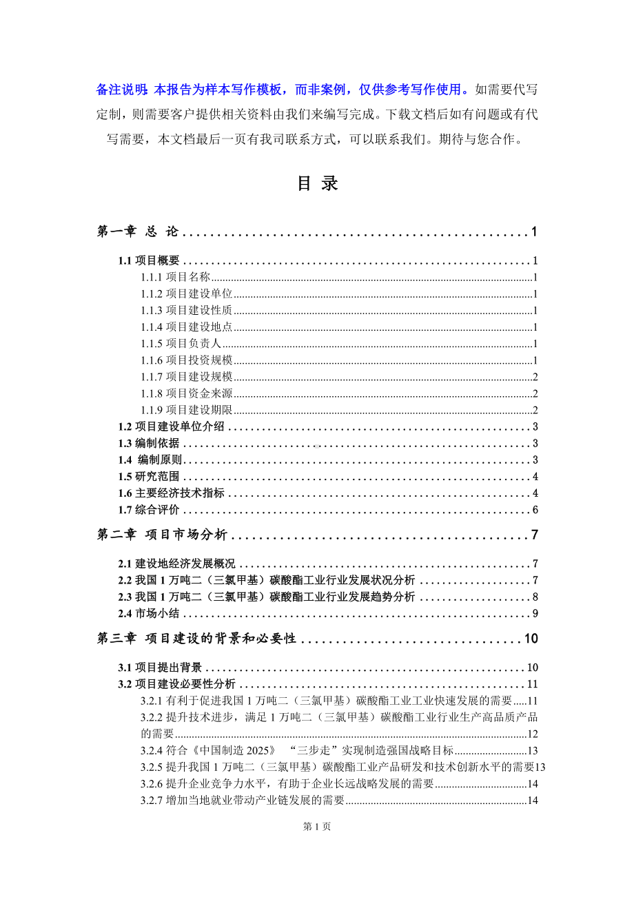 1万吨二（三氯甲基）碳酸酯工业项目可行性研究报告写作模板立项备案文件.doc_第2页