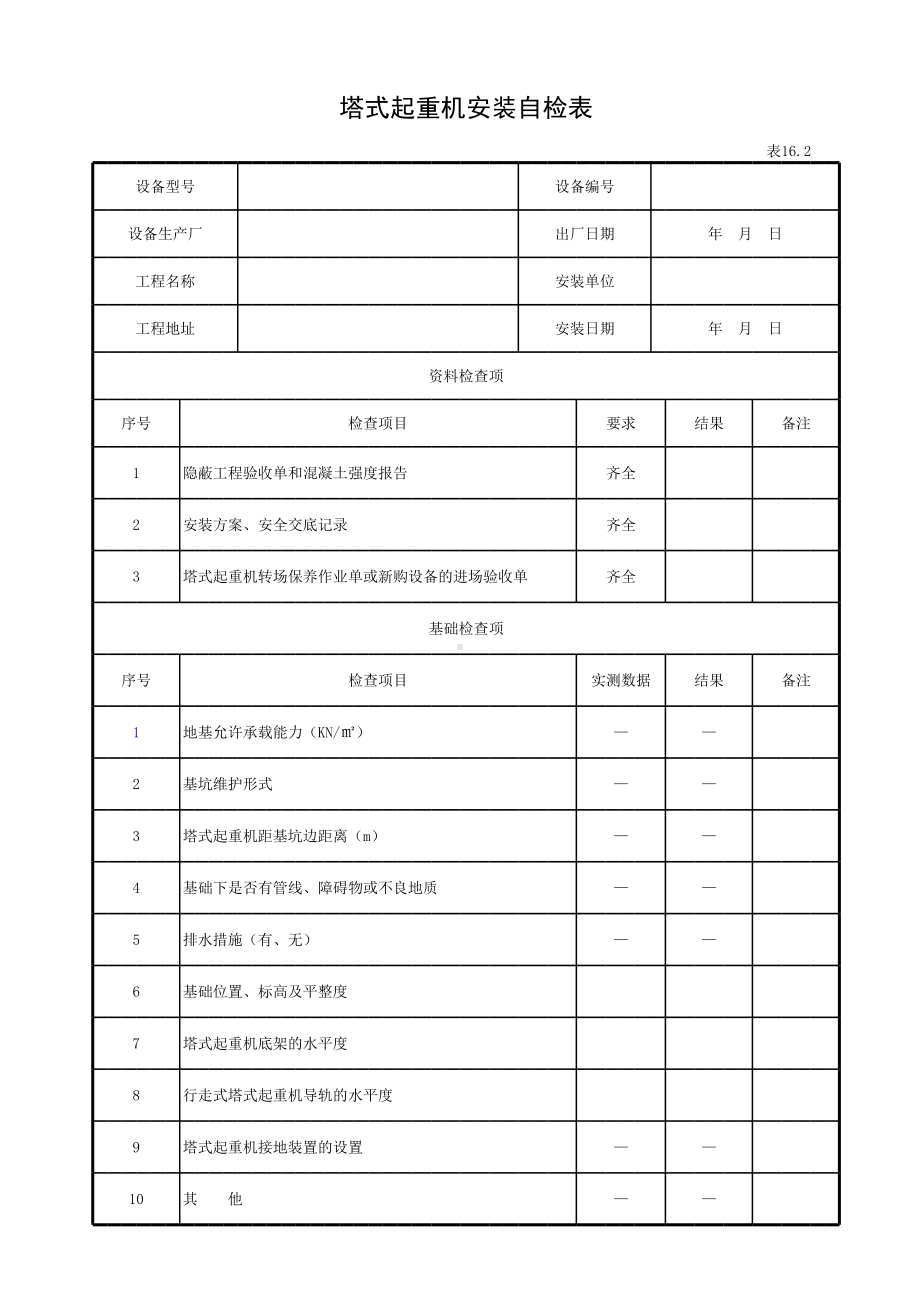 塔式起重机安装自检表参考模板范本.xls_第1页