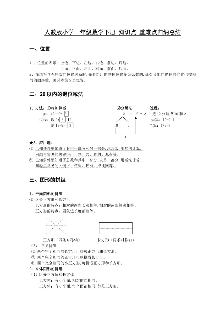 最新人教版小学一年级数学下册-知识点-重难点归纳总结.doc_第1页