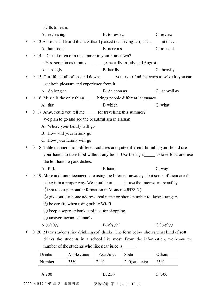 黑龙江省哈尔滨市南岗区2019-2020学年下学期“NF联盟”九年级调研测试(一)英语试卷.pdf_第2页