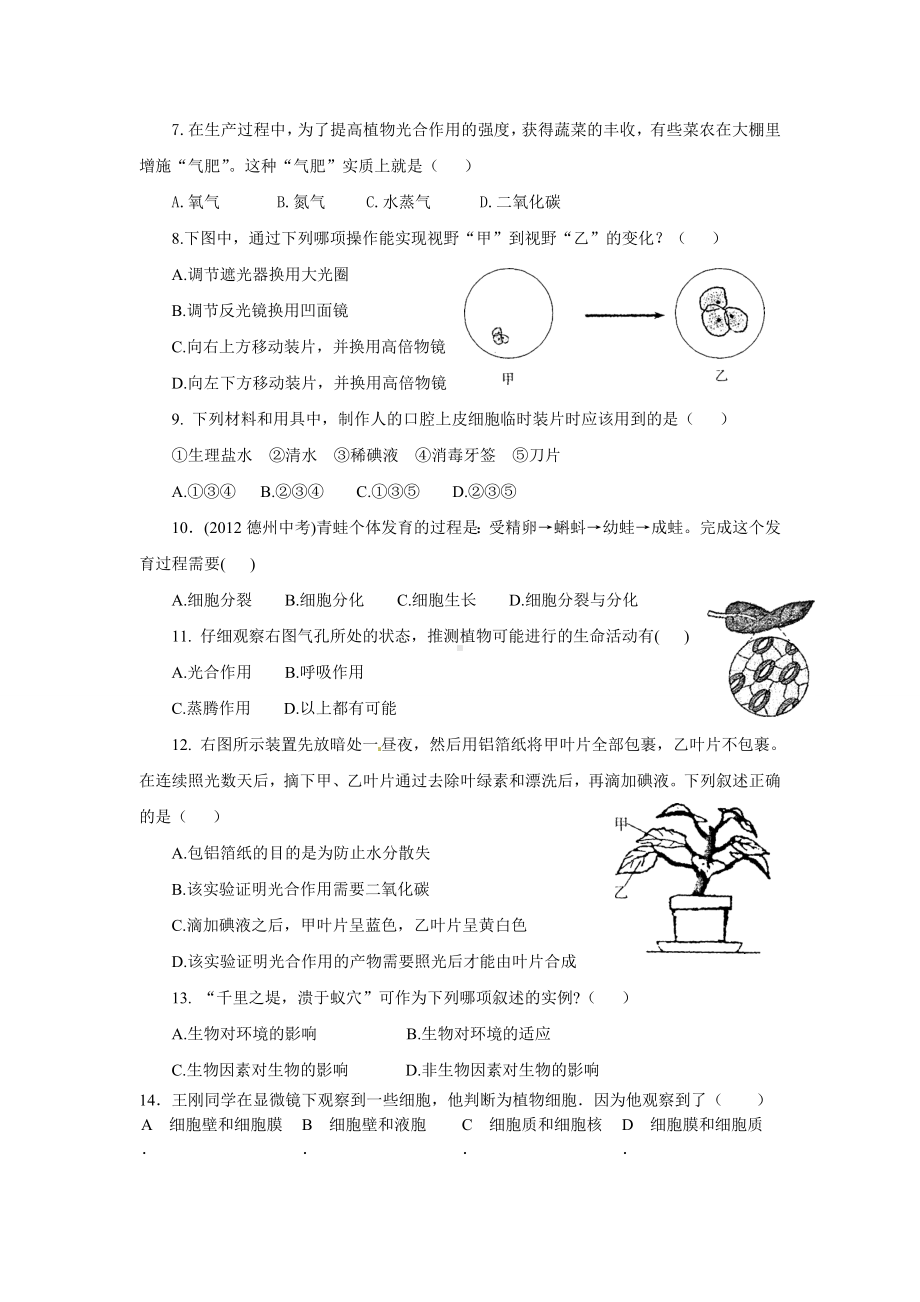 最新济南版七年级生物上册期中测试卷及答案.doc_第2页